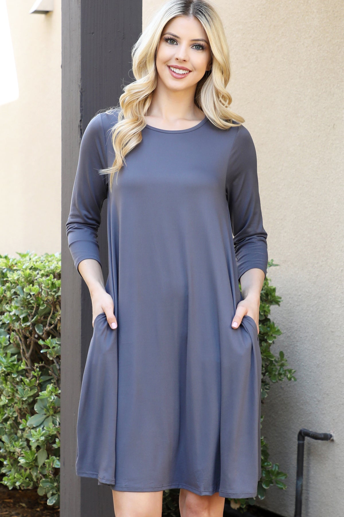 SOLID QUARTER SLEEVE ROUND NECK DRESS 1-2-2-1