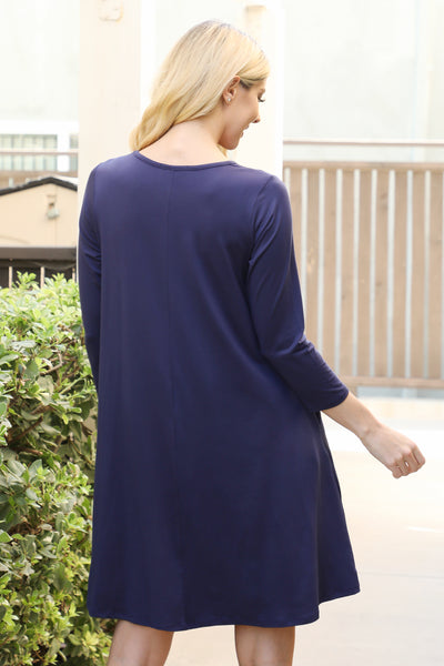 SOLID QUARTER SLEEVE ROUND NECK DRESS 1-2-2-1