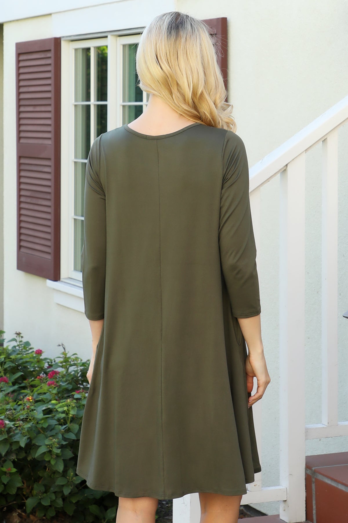 SOLID QUARTER SLEEVE ROUND NECK DRESS 1-2-2-1