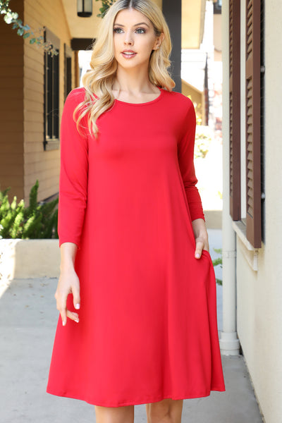 SOLID QUARTER SLEEVE ROUND NECK DRESS 1-2-2-1