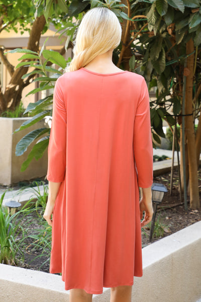 SOLID QUARTER SLEEVE ROUND NECK DRESS 1-2-2-1