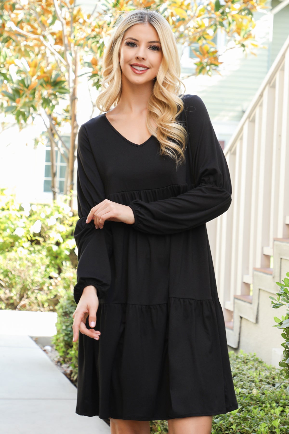 SOLID V-NECK ELASTIC DETAIL SLEEV TIERED DRESS  1-2-2-1