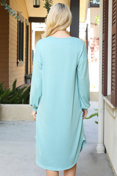 SOLID V-NECK LONG SLEEVE DOLPHIN HEM DRESS 1-2-2-1