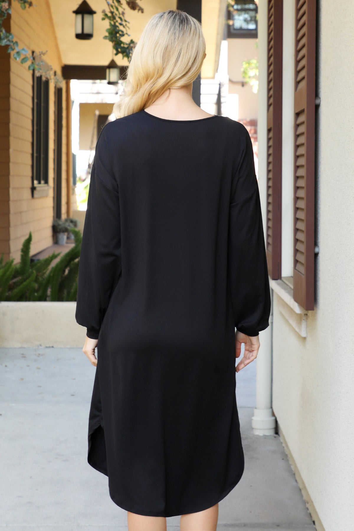 SOLID V-NECK LONG SLEEVE DOLPHIN HEM DRESS 1-2-2-1