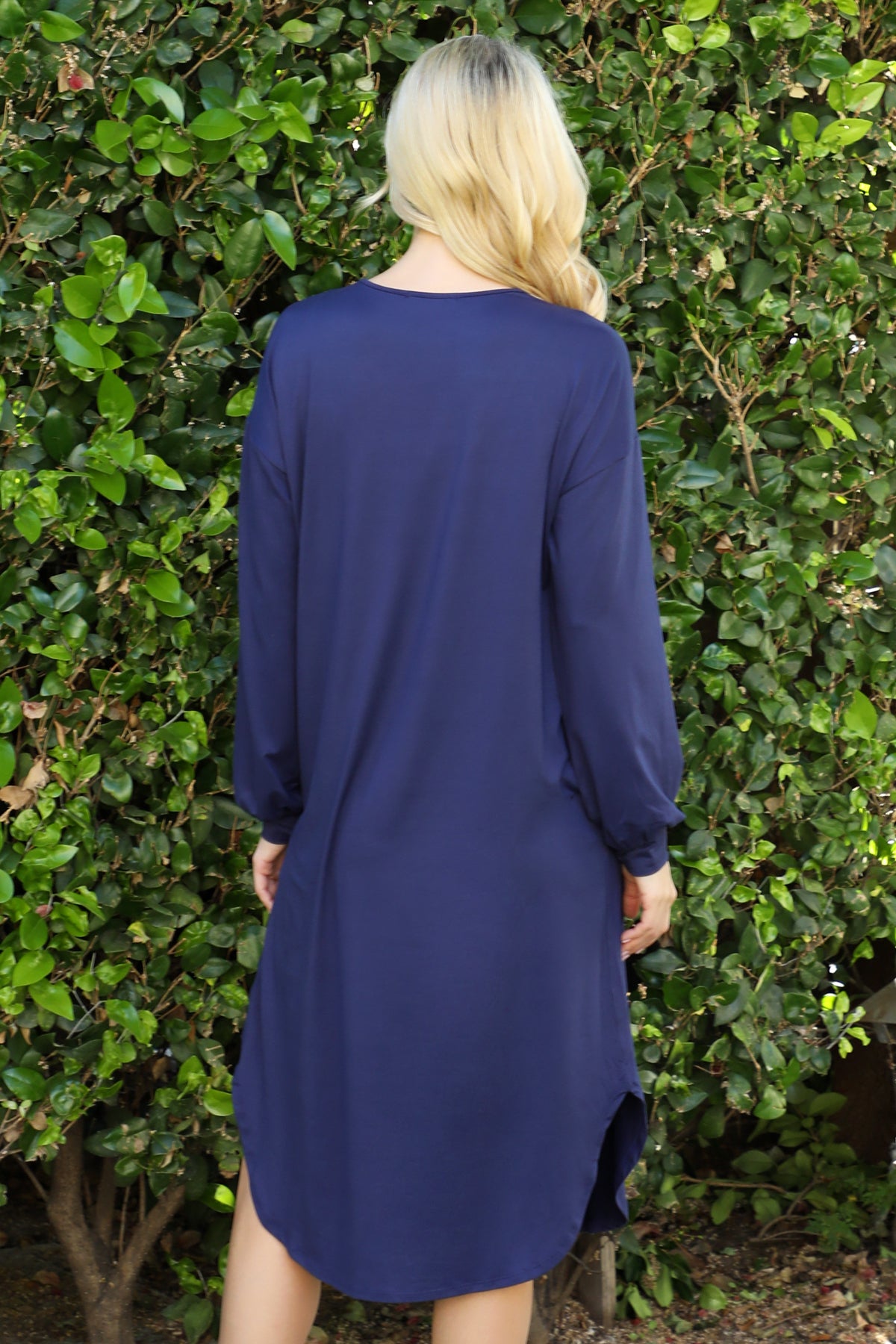 SOLID V-NECK LONG SLEEVE DOLPHIN HEM DRESS 1-2-2-1