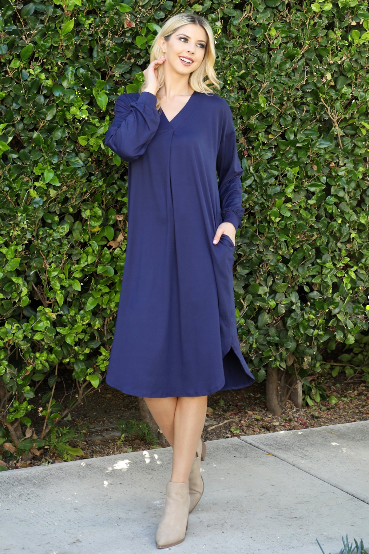 SOLID V-NECK LONG SLEEVE DOLPHIN HEM DRESS 1-2-2-1