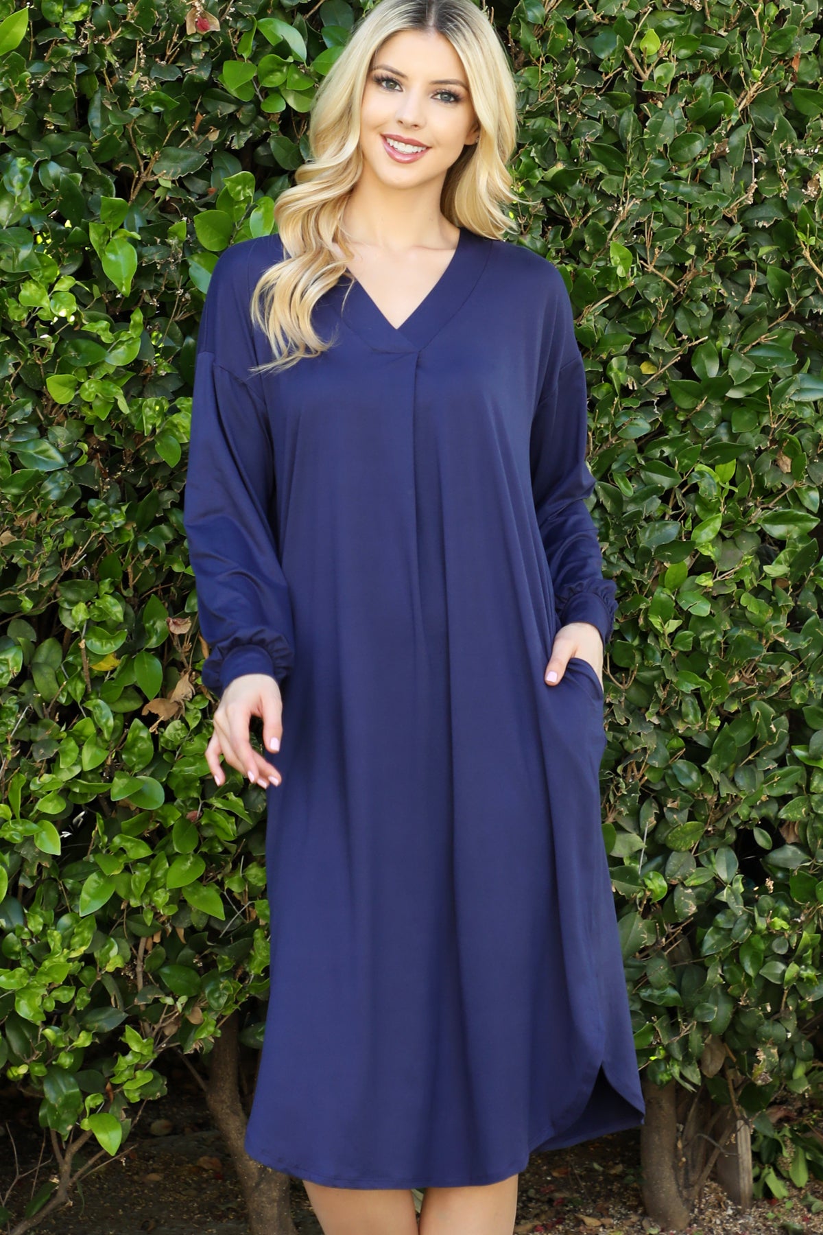 SOLID V-NECK LONG SLEEVE DOLPHIN HEM DRESS 1-2-2-1