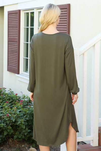 SOLID V-NECK LONG SLEEVE DOLPHIN HEM DRESS 1-2-2-1