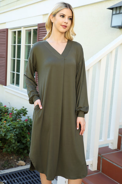 SOLID V-NECK LONG SLEEVE DOLPHIN HEM DRESS 1-2-2-1