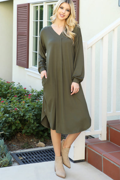 SOLID V-NECK LONG SLEEVE DOLPHIN HEM DRESS 1-2-2-1