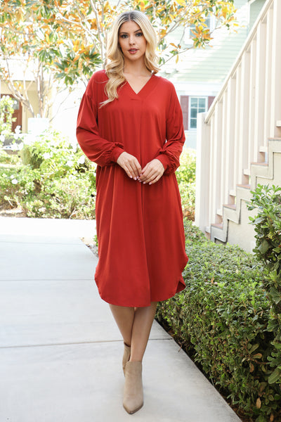 SOLID V-NECK LONG SLEEVE DOLPHIN HEM DRESS 1-2-2-1