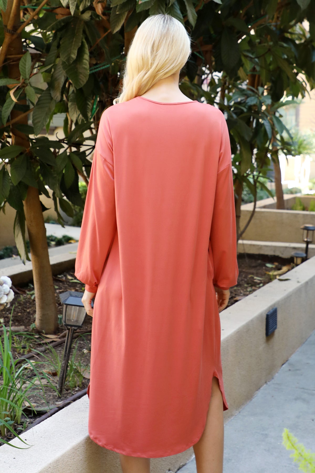 SOLID V-NECK LONG SLEEVE DOLPHIN HEM DRESS 1-2-2-1