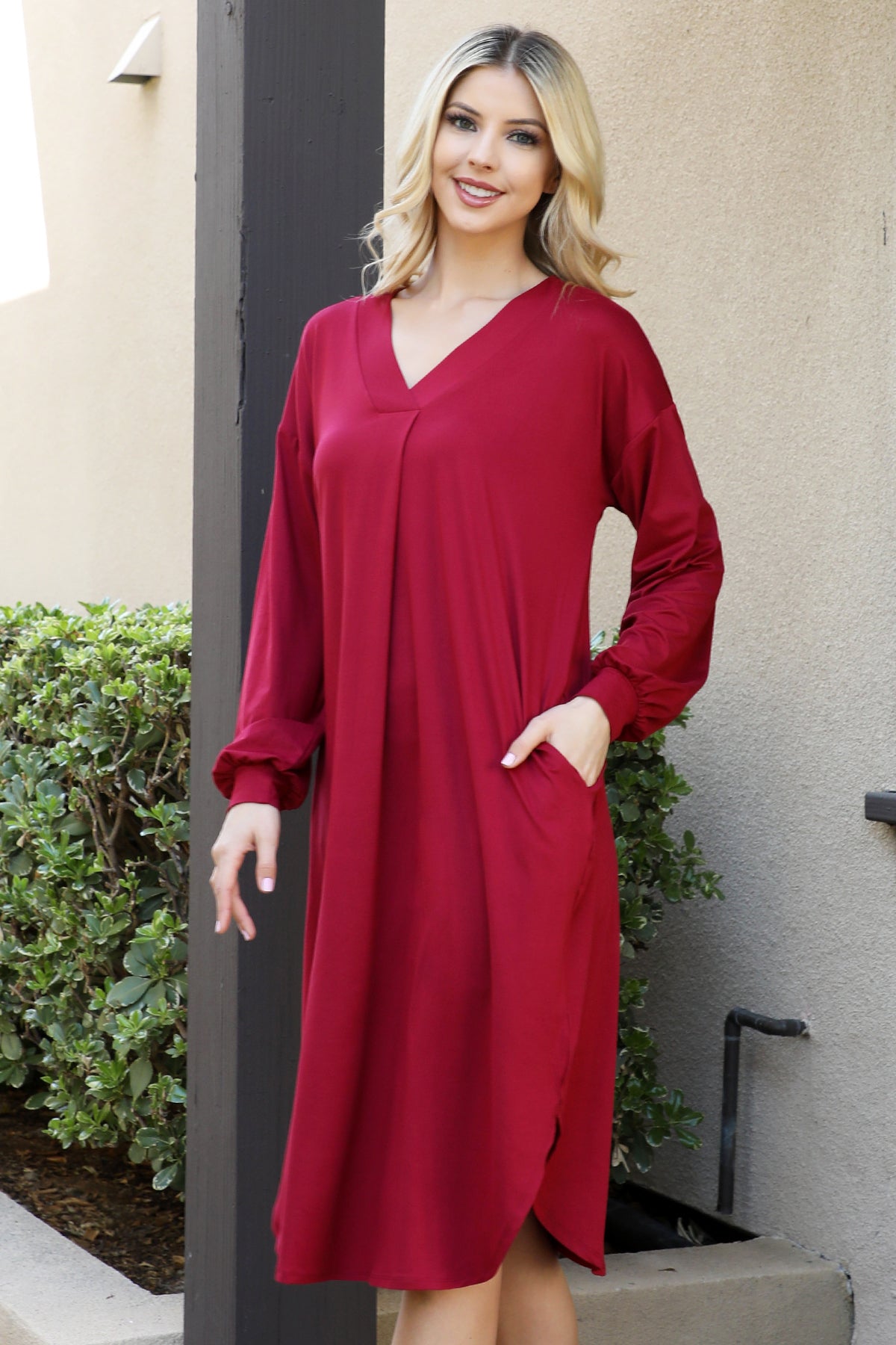 SOLID V-NECK LONG SLEEVE DOLPHIN HEM DRESS 1-2-2-1