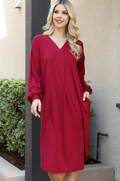 SOLID V-NECK LONG SLEEVE DOLPHIN HEM DRESS 1-2-2-1