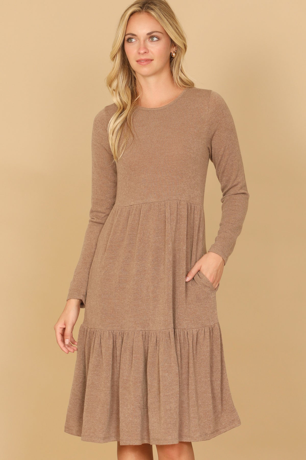 YMD10121V-LONG SLEEVE ROUND NECK CHAMBRAY TIERED DRESS 2-3