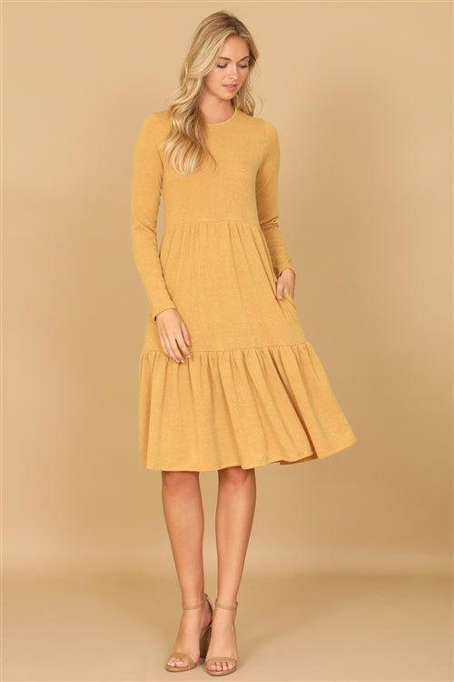 YMD10121V-LONG SLEEVE ROUND NECK CHAMBRAY TIERED DRESS 1-2-2-1