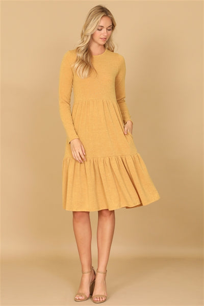 YMD10121V-LONG SLEEVE ROUND NECK CHAMBRAY TIERED DRESS 1-2-2-1