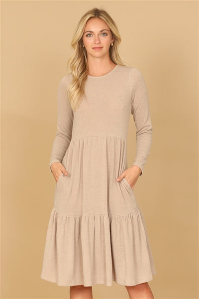 YMD10121V-LONG SLEEVE ROUND NECK CHAMBRAY TIERED DRESS 1-2-2-1