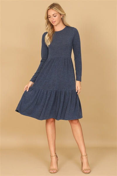 YMD10121V-LONG SLEEVE ROUND NECK CHAMBRAY TIERED DRESS 1-2-2-1