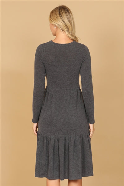 YMD10121V-LONG SLEEVE ROUND NECK CHAMBRAY TIERED DRESS 1-2-2-1