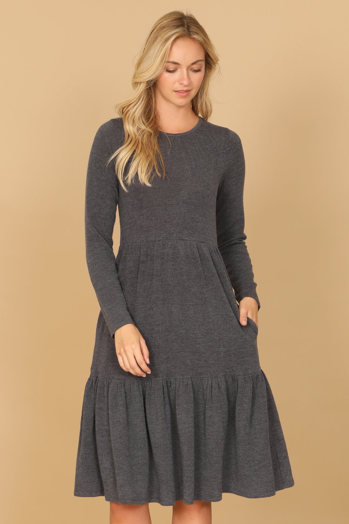 YMD10121V-LONG SLEEVE ROUND NECK CHAMBRAY TIERED DRESS 1-3