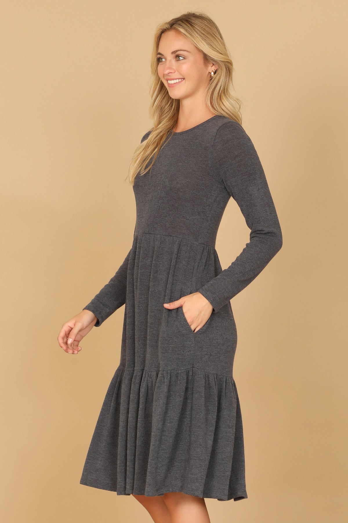 YMD10121V-LONG SLEEVE ROUND NECK CHAMBRAY TIERED DRESS 1-3