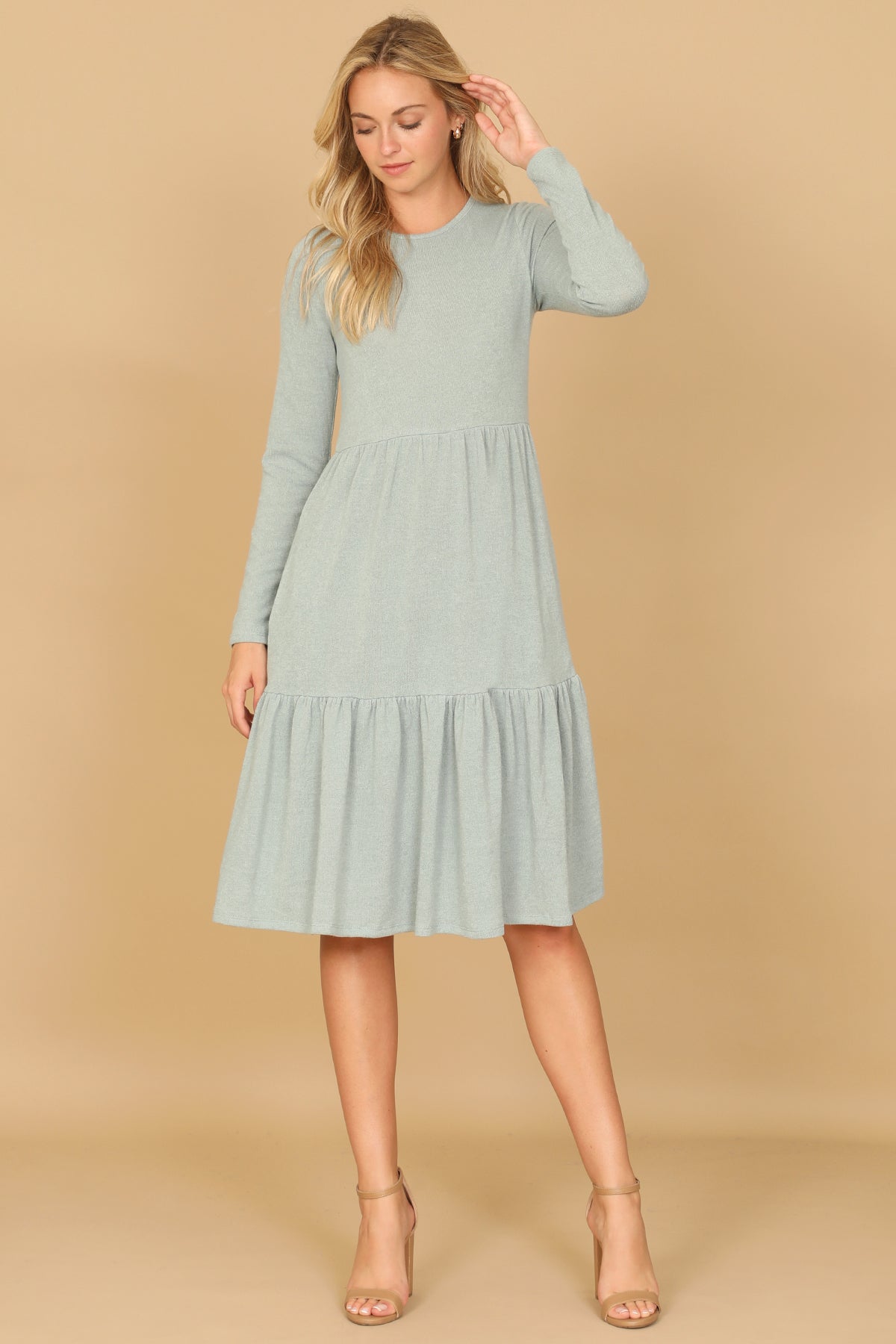YMD10121V-LONG SLEEVE ROUND NECK CHAMBRAY TIERED DRESS 3-1
