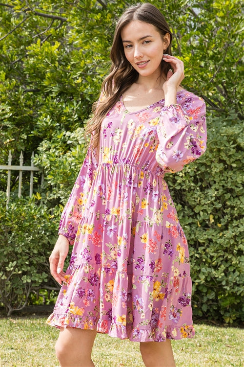 YMD10122V-V-NECK FLORAL LONG SLEEVE TIERED DRESS 1-2-2-1