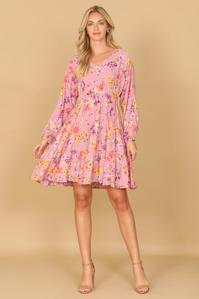 YMD10122V-V-NECK FLORAL LONG SLEEVE TIERED DRESS 1-1
