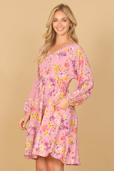 YMD10122V-V-NECK FLORAL LONG SLEEVE TIERED DRESS 1-1