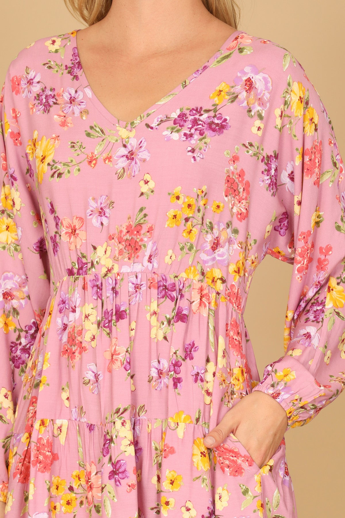 YMD10122V-V-NECK FLORAL LONG SLEEVE TIERED DRESS 1-1