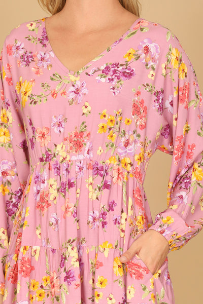 YMD10122V-V-NECK FLORAL LONG SLEEVE TIERED DRESS 1-1