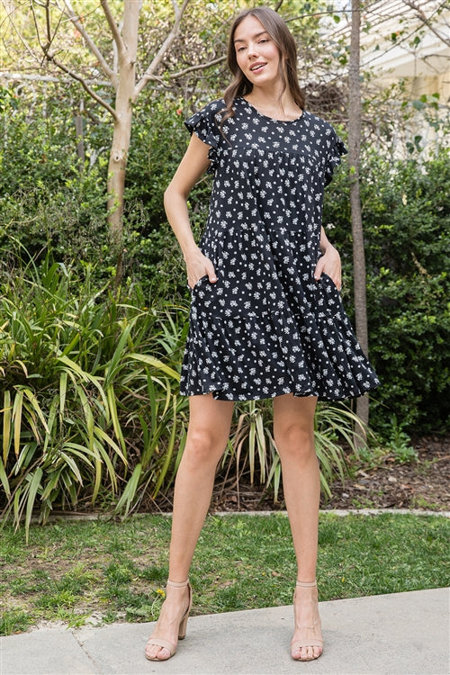 YMD10142V-RUFFLE SLEEVE SIDE POCKET  FLORAL TIERED MINI DRESS- 1-2-2-1