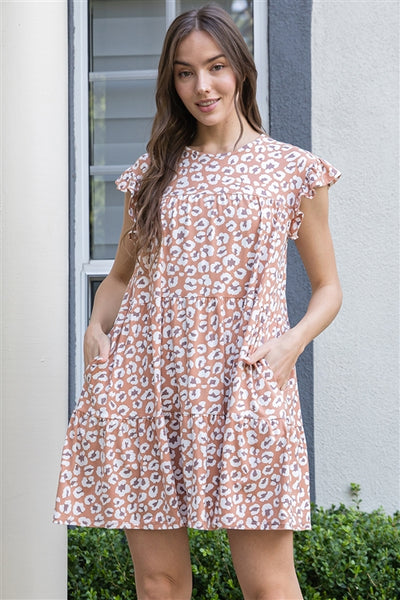 YMD10143V-RUFFLE SLEEVE SIDE POCKET PRINTED TIERED MINI DRESS 1-2-2-1