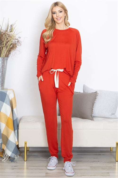 YMP40001X-PLUS SIZE SOLID LONG SLEEVE TOP AND JOGGERS SET WITH SELF TIE 3-2-0