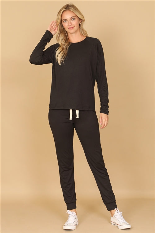 YMP40001XV-PLUS SIZE SOLID LONG SLEEVE TOP AND JOGGERS SET WITH SELF TIE 3-2-1