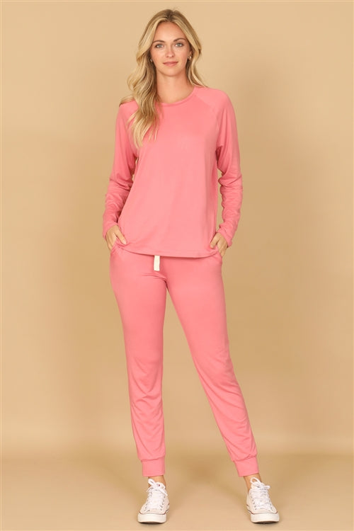 YMP40001XV-PLUS SIZE SOLID LONG SLEEVE TOP AND JOGGERS SET WITH SELF TIE 3-2-1