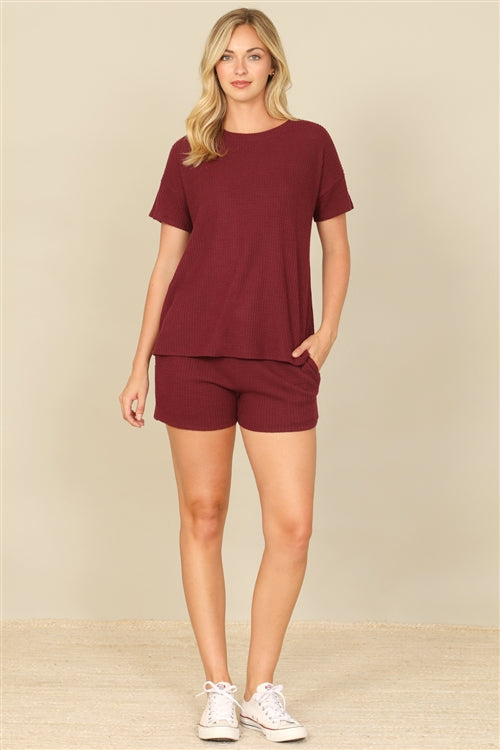 YMP40012V-BRUSHED WAFFLE SHORT SLEEVE TOP AND ELASTIC WAIST SHORTS SET 1-2-2-1