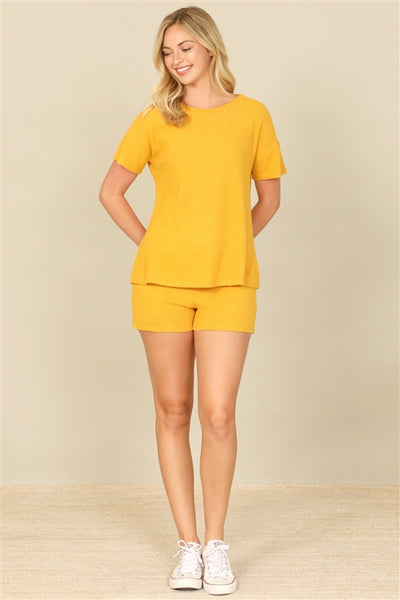 YMP40012V-BRUSHED WAFFLE SHORT SLEEVE TOP AND ELASTIC WAIST SHORTS SET 1-2-2-1