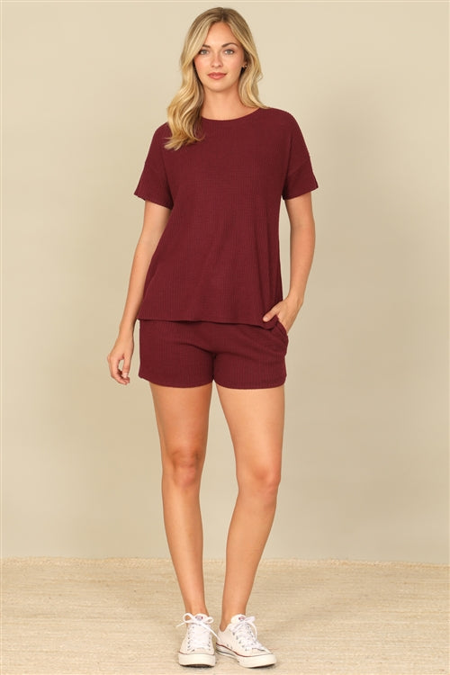 YMP40012XV-PLUS SIZE BRUSHED WAFFLE SHORT SLEEVE TOP AND ELASTIC WAIST SHORTS SET 3-2-1