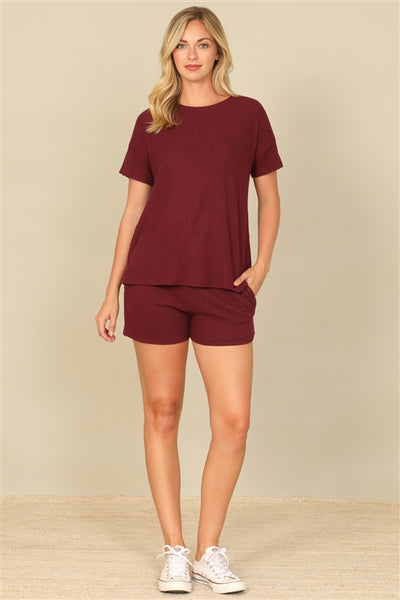 YMP40012XV-PLUS SIZE BRUSHED WAFFLE SHORT SLEEVE TOP AND ELASTIC WAIST SHORTS SET 3-2-1