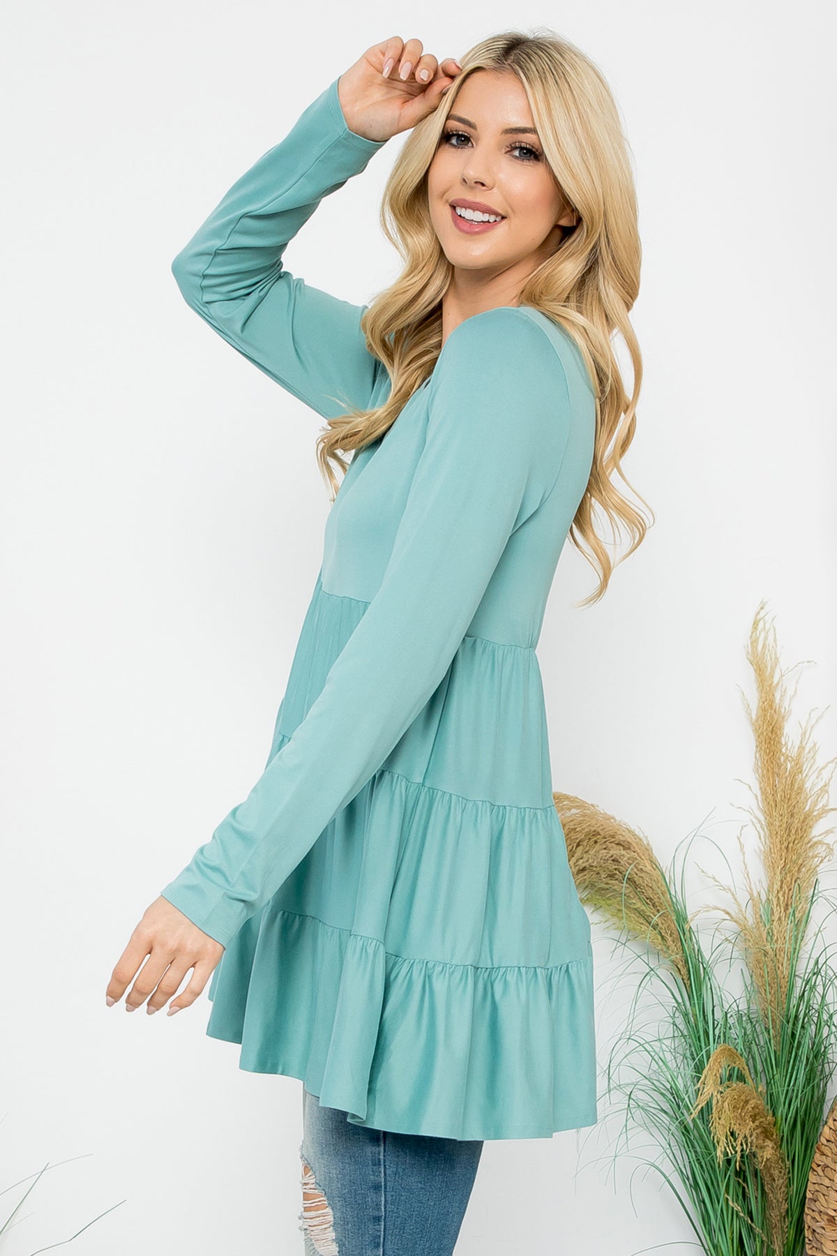 SOLID LONG SLEEVE TIERED TOP 1-1-1-1