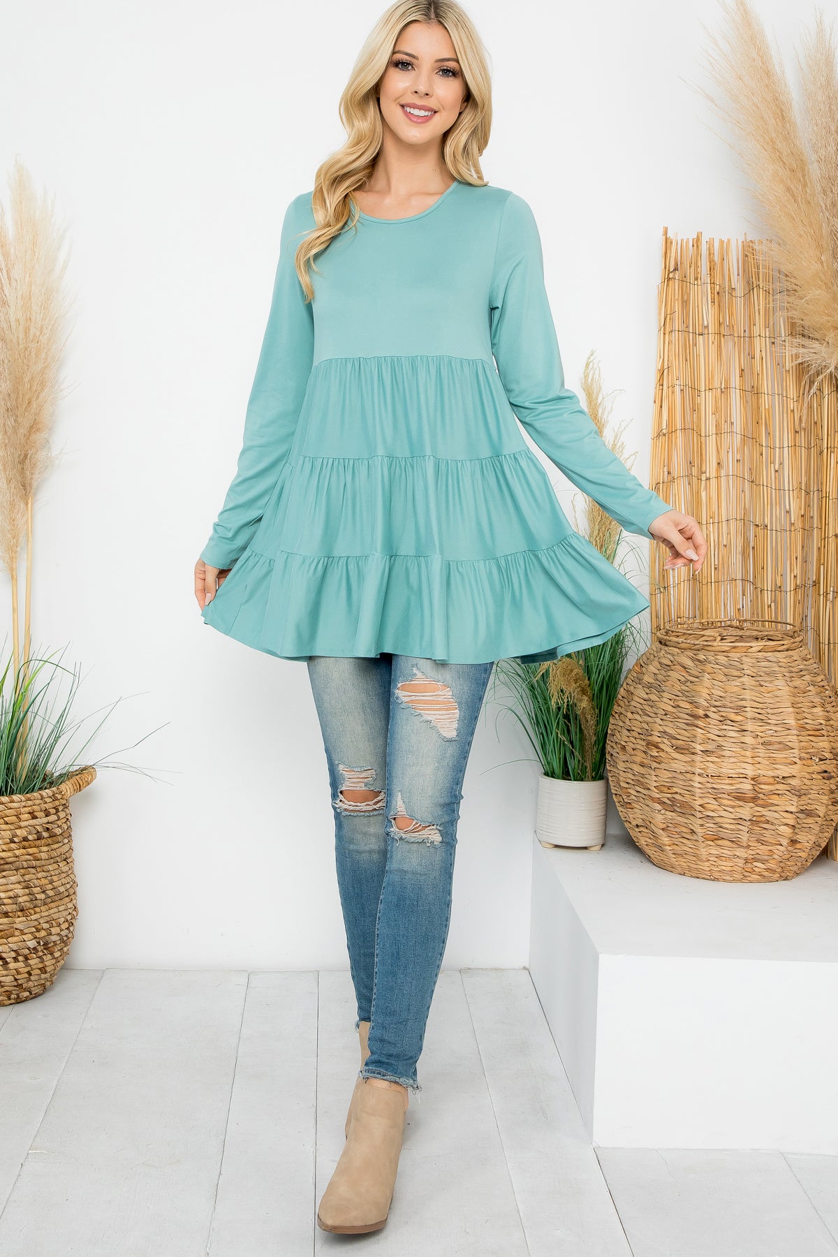 SOLID LONG SLEEVE TIERED TOP 1-1-1-1