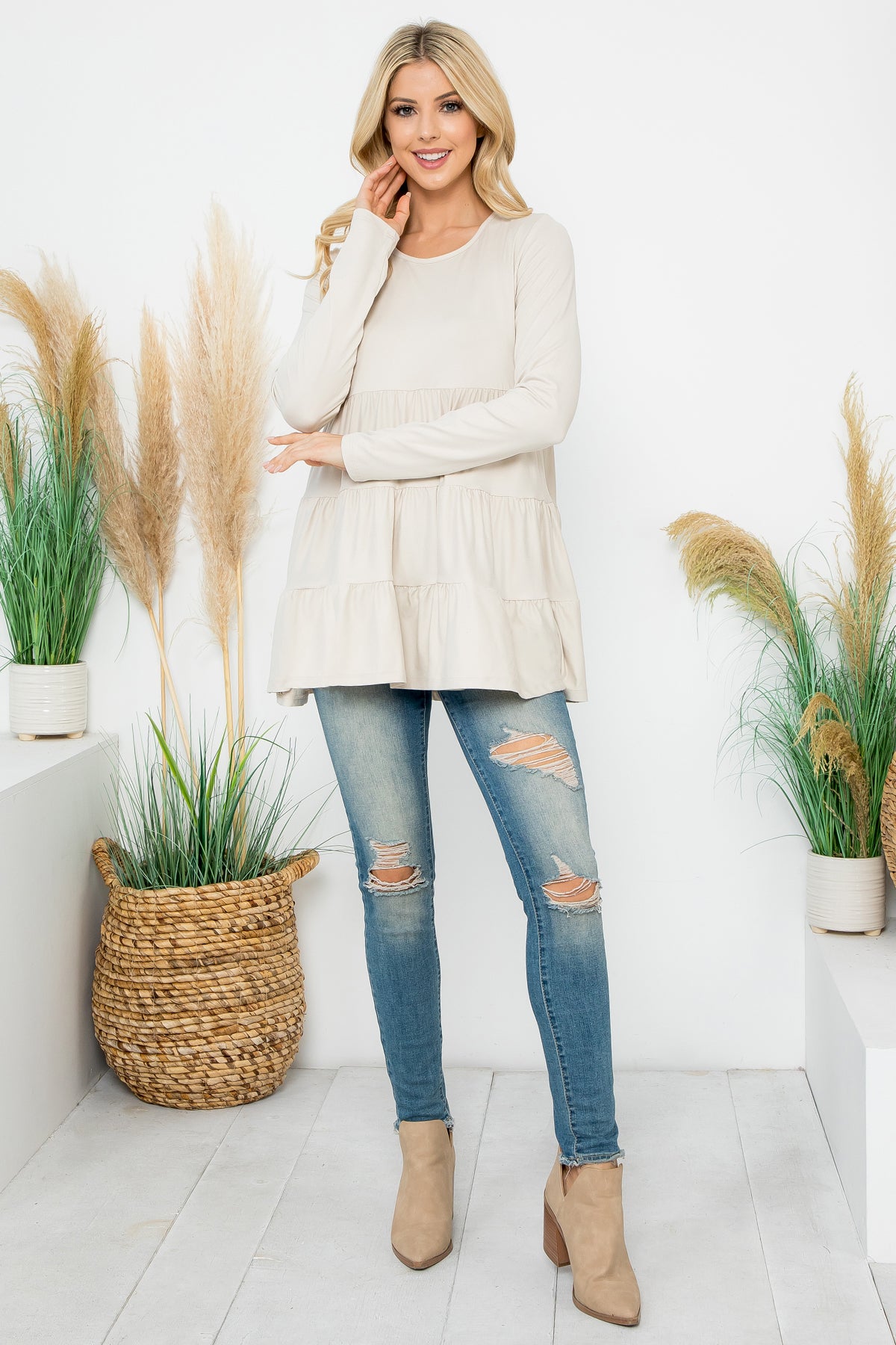 SOLID LONG SLEEVE TIERED TOP 1-1-1-1