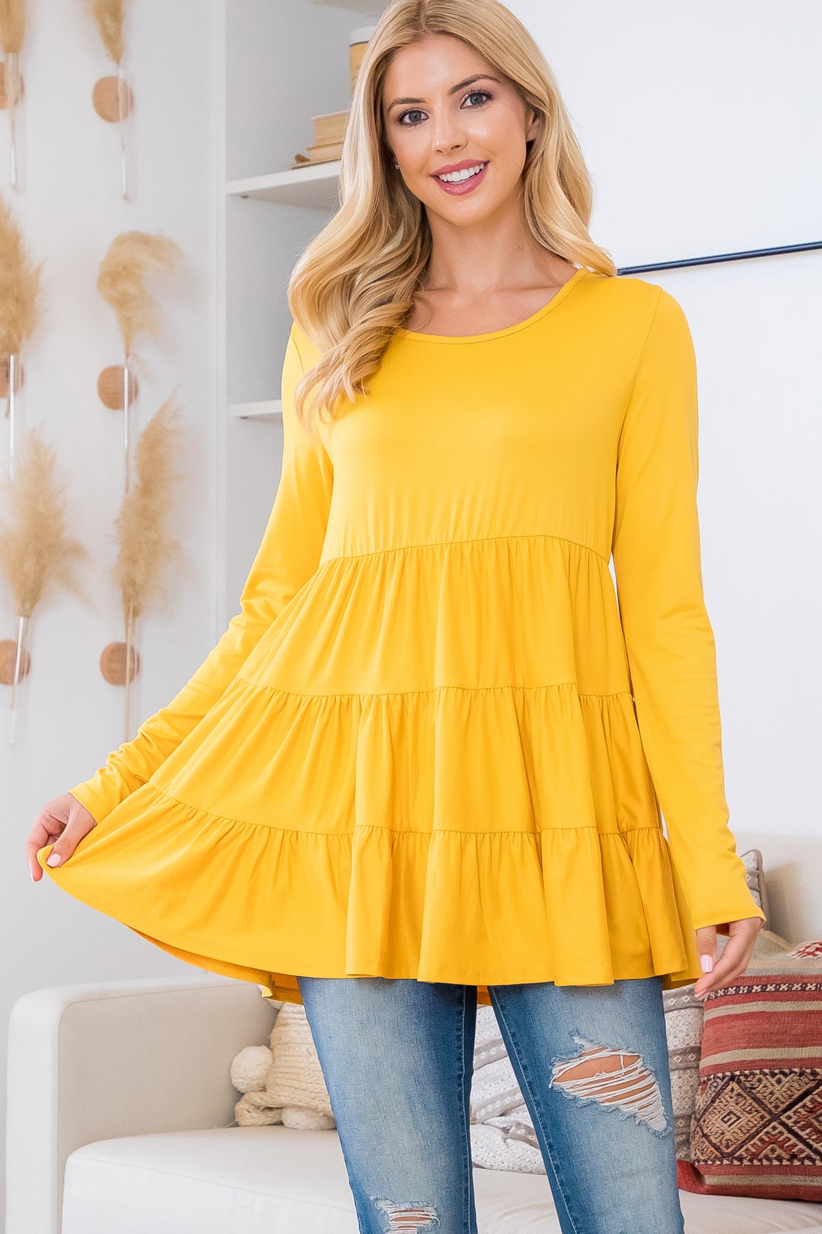 SOLID LONG SLEEVE TIERED TOP 1-1-1-1