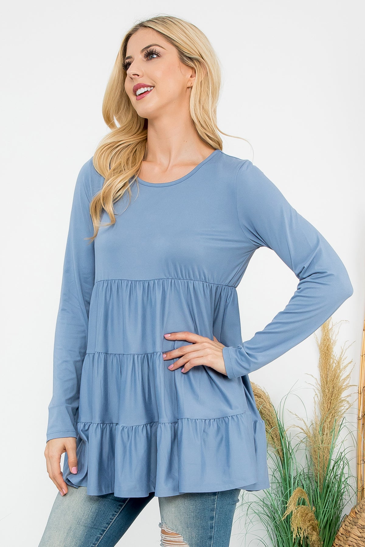 SOLID LONG SLEEVE TIERED TOP 1-1-1-1