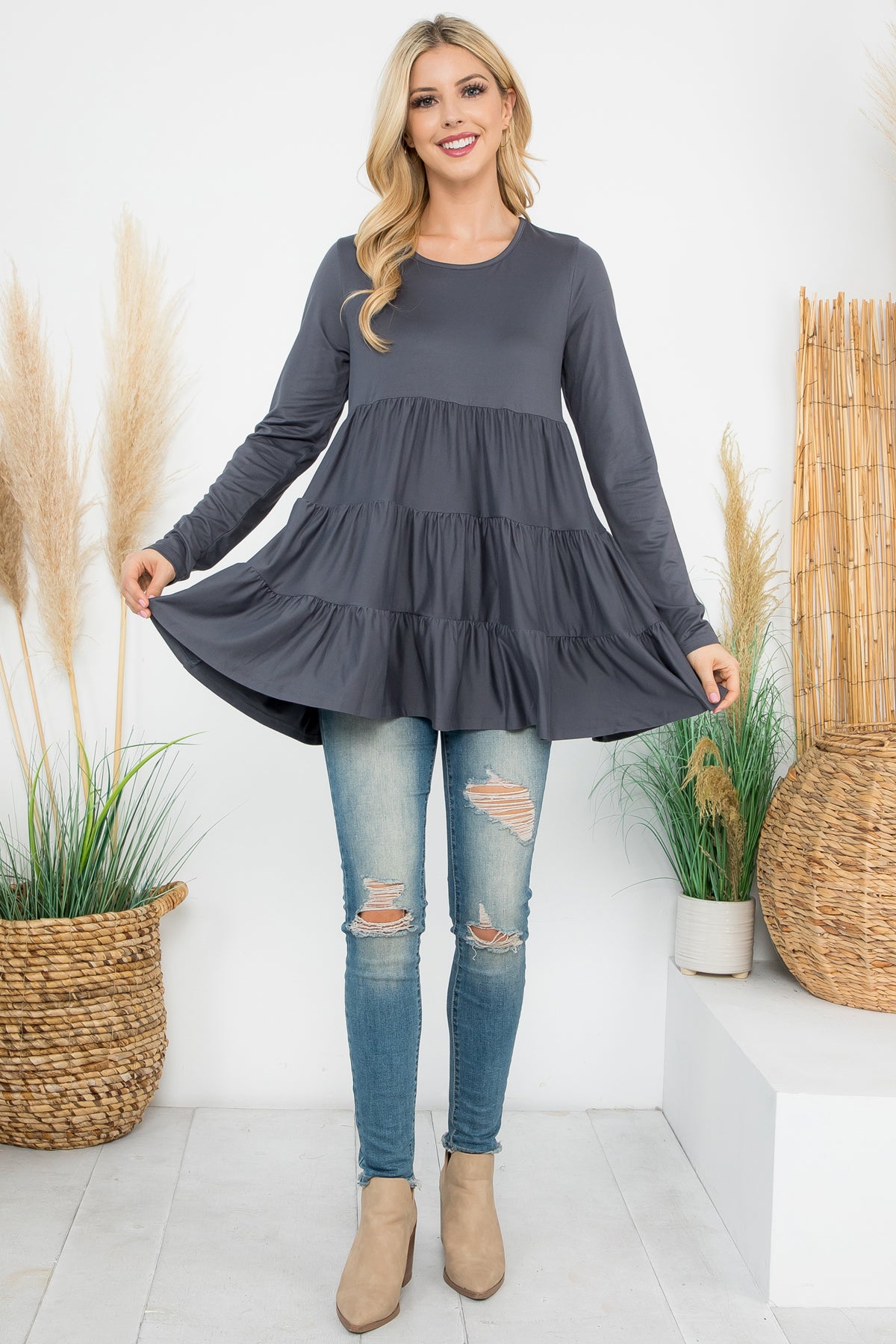 SOLID LONG SLEEVE TIERED TOP 1-1-1-1