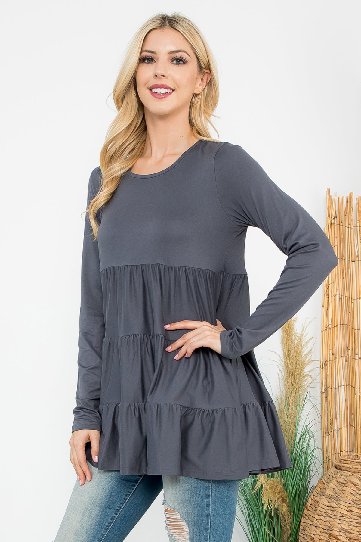 SOLID LONG SLEEVE TIERED TOP 1-1-1-1