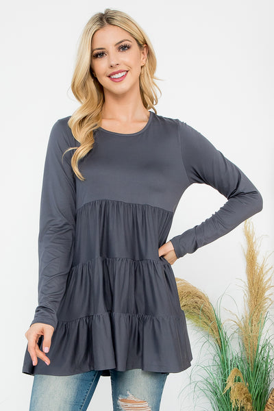 SOLID LONG SLEEVE TIERED TOP 1-1-1-1