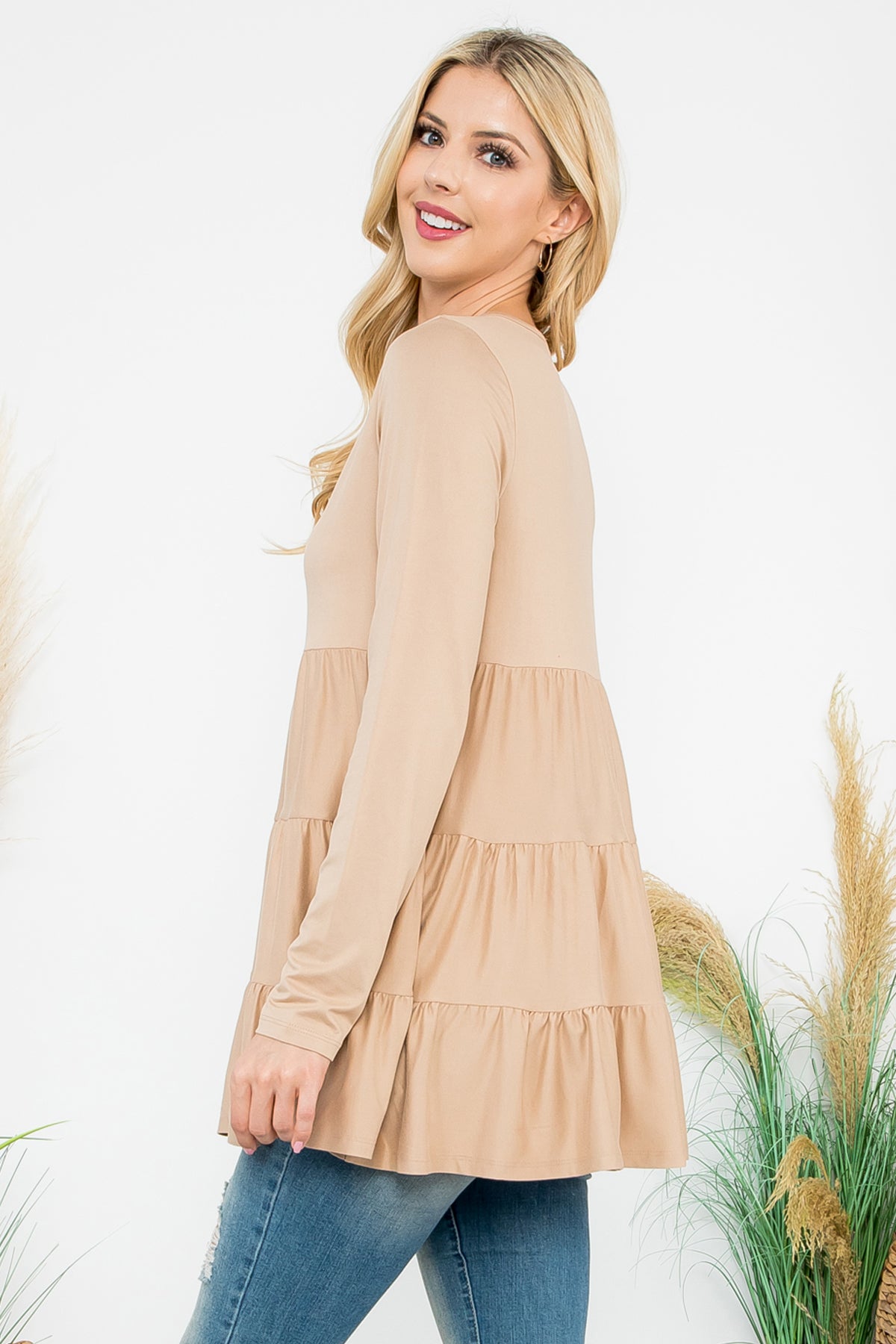 SOLID LONG SLEEVE TIERED TOP 1-1-1-1